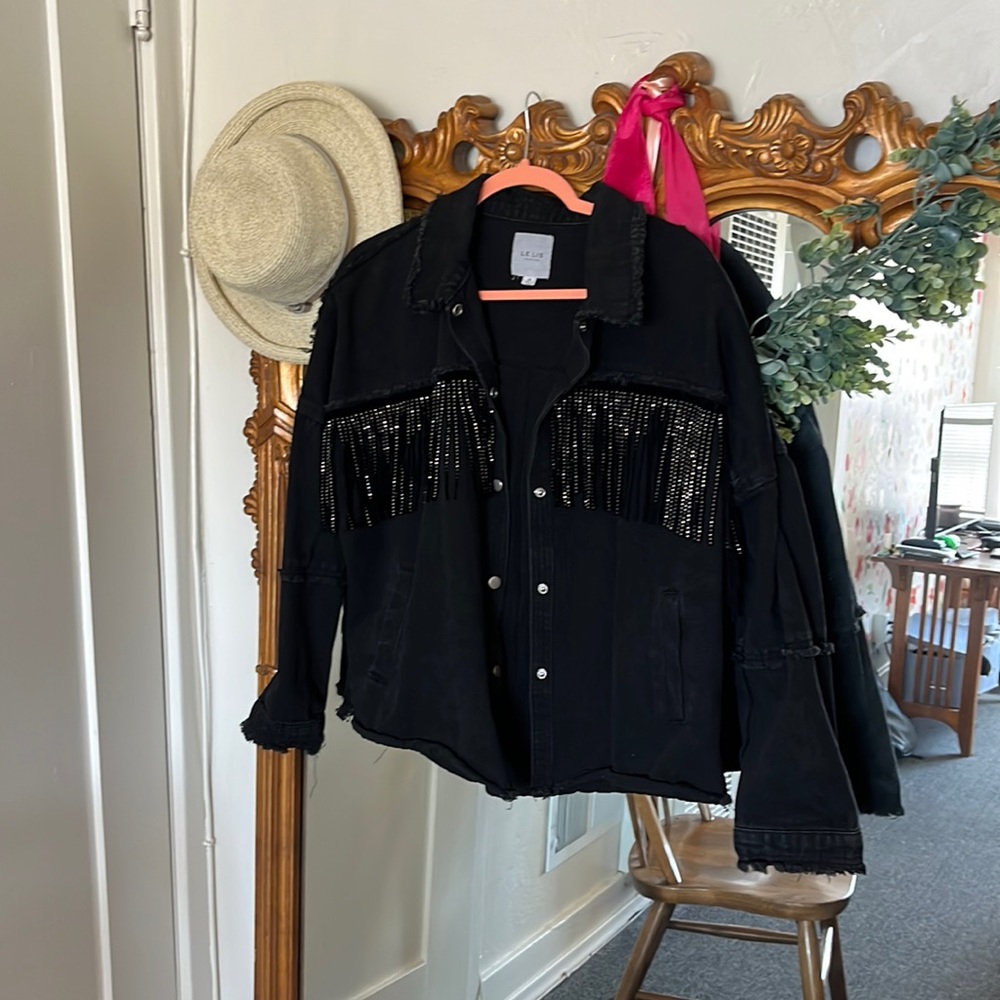 Black Denim Fringe Jacket (with rhinestone detailing)